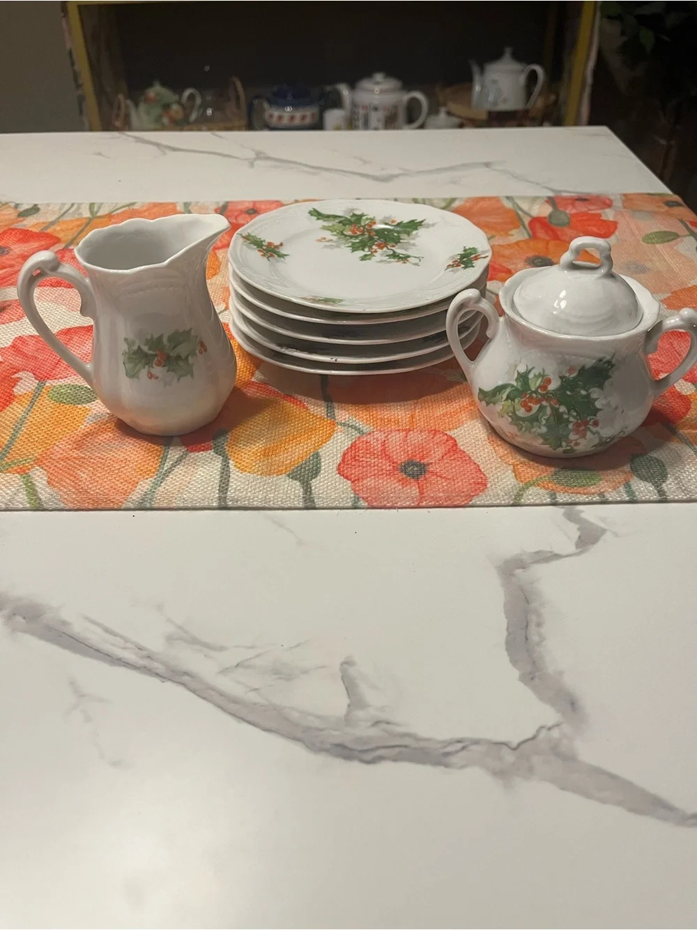 Vintage Germany Christmas Holly Berry Dessert Plate Set Creamer Sugar Pot